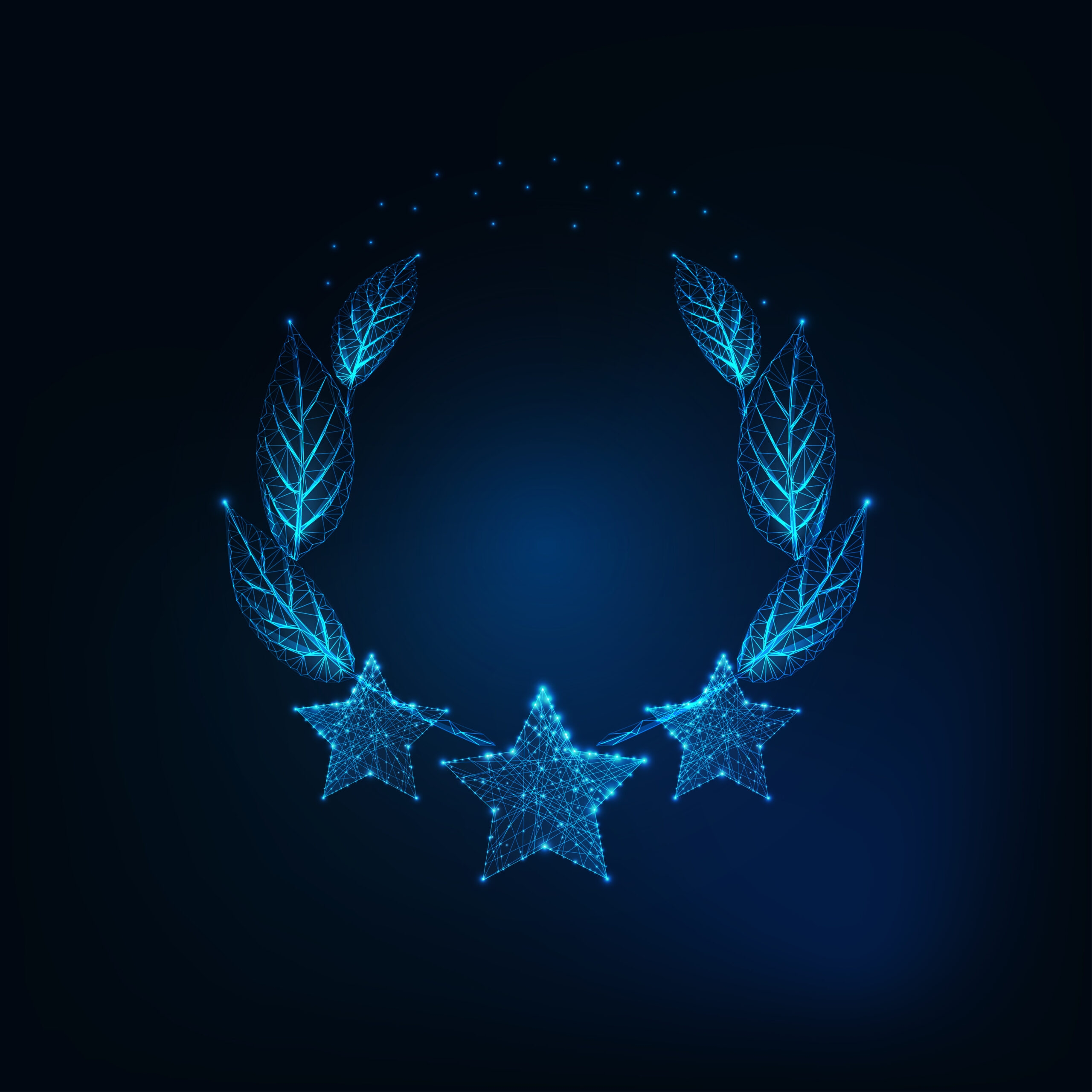 Futuristic glowing low polygonal three stars and laurel wreath isolated on dark blue background. Best quality, award emblem, winner prize concept. Modern wire frame design vector illustration.